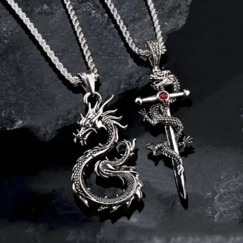 Fashion Jewelry Dragon Sword Pendant Necklace Paved Black Color Jewelry For Men Boy Christmas Gifts
